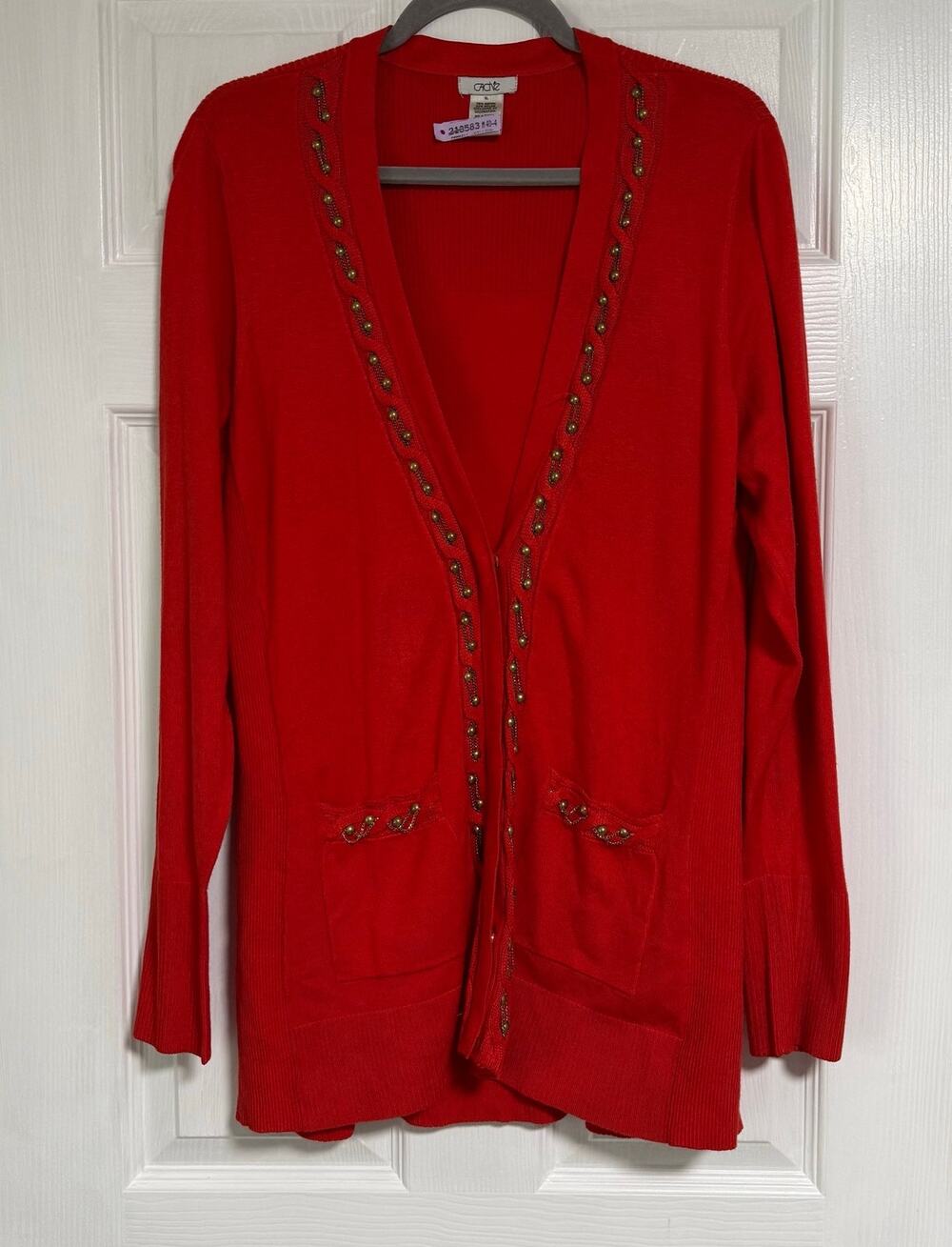 Cache Women's Orange Knit Ribbed Beaded Long Sleeve Cardigan Size XL